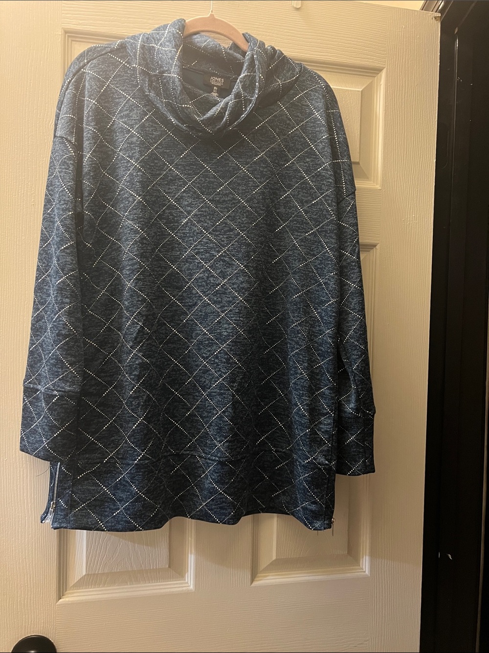 Jones New York Blue Diamond-Grid Cowl Neck Sweater